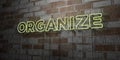ORGANIZE - Glowing Neon Sign on stonework wall - 3D rendered royalty free stock illustration