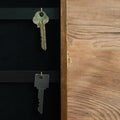 Organize your life, insurance and security concept: vintage opened wooden key holder box cabinet with keys hanging on golden hooks Royalty Free Stock Photo