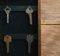 Organize your life, insurance and security concept: vintage opened wooden key holder box cabinet with keys hanging on golden hooks Royalty Free Stock Photo