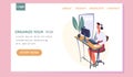 Organize your task landing page template, woman sitting at a table with laptop and planning