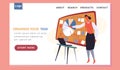 Organize your task landing page template with a woman standing near board pointing to chart