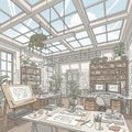 Organized architectural studio bathed in natural light from a large Royalty Free Stock Photo
