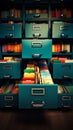 Organized archive with files in a filing cabinet of diverse colors