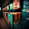 Organized archive with files in a filing cabinet of diverse colors