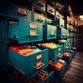 Organized archive with files in a filing cabinet of diverse colors