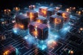 An organized arrangement of assorted cubes resting atop a circuit board, Digital rendering of quantum computing processes, AI