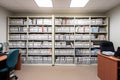 organized business document library with tidy bookshelves and labeled folders