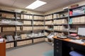 organized business document library with tidy bookshelves and labeled folders