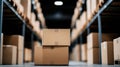 Organized chaos in storage unit. Cardboard boxes neatly stacked on floor amidst many boxes, shelves. Minimalist approach to