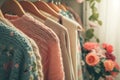 Organized closet with spring fashion clothes. Big wardrobe with different clothes. Generative AI Royalty Free Stock Photo