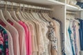 Organized closet with spring fashion clothes. Big wardrobe with different clothes. Generative AI