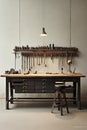 Organized Craftsmanship: A Captivating Wooden Workbench with Metal-Smithing Tools