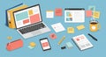 An organized digital workspace features a laptop displaying colorful block layouts, resembling a modern webpage