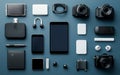 Organized display of various electronic devices and accessories including cameras, smartphones, and tablets on blue background Royalty Free Stock Photo