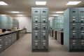 Organized Efficiency: Neatly Stacked Metal File Cabinets in Dimly Lit Office Space