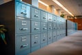 Organized Efficiency: Neatly Stacked Metal File Cabinets in Dimly Lit Office Space