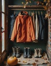 Organized fall recreation equipment storage featuring hiking gear and jackets Royalty Free Stock Photo