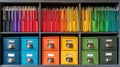 Colorful organized filing system with vibrant folders and storage boxes, showcasing efficient office organization and a visually Royalty Free Stock Photo