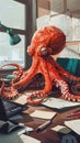 Organized and helpful octopus at work using its tentacles for efficient multitasking and friendly office assistance