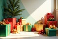 Organized holiday equipment area with colorful festive gift boxes and decorations Royalty Free Stock Photo