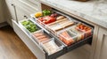 Organized kitchen drawer with fresh vegetables and groceries in transparent Royalty Free Stock Photo