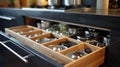 Organized kitchen drawer with wooden compartments and utensils