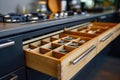 Organized kitchen drawer with wooden compartments and utensils