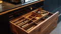 Organized kitchen drawer with wooden compartments and utensils