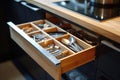 Organized kitchen drawer with wooden compartments and utensils Royalty Free Stock Photo