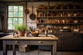 An organized kitchen that features a table and various pots and pans, Rustic farmhouse kitchen with antique utensils, AI Generated