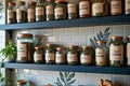 Organized kitchen spice rack with assorted labeled jars on shelves Royalty Free Stock Photo