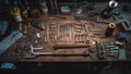 Variety of tools on a wooden table in a garage workshop. generative ai.