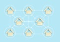 Organized and networked houses on a blue background. Communications, neighborhood, construction concept. Royalty Free Stock Photo