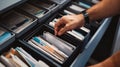 Organized office filing system with hand sorting documents in drawer