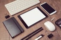 Organized office objects on table. Digital tablet mock up