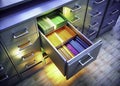 Organized Office Workspace Aerial View of Open File Cabinet Drawer Maximizing Productivity and Efficiency with a Clean