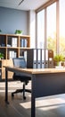 Organized office workspace with binders on desk and shelves, bathed in natural sunlight from large windows Royalty Free Stock Photo