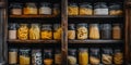 Organized pantry shelves packed with food supplies. home storage solution, simple wooden shelving. kitchen organization