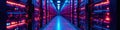 Organized server racks, neon lit network cables illuminate a cyberpunk data center , ai, transformation, electric