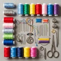 Organized sewing kit on a fabric surface features an array of colorful thread Royalty Free Stock Photo