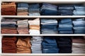 organized stack of jeans and pants on a white shelf