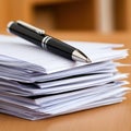 Organized stack of loan documents on a desk with a pen resting, symbolizing financial planning and management Royalty Free Stock Photo