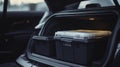 Organized storage boxes in a car trunk Royalty Free Stock Photo
