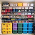 Organized supply closet, with boxes and containers