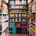 Organized supply closet, with boxes and containers