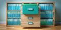 Organized teal files in wooden cabinet, a visual representation of efficient record keeping and document management. Generative AI Royalty Free Stock Photo