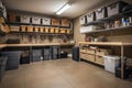 an organized and tidy garage with orderly shelves, tools, and bins