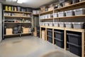 an organized and tidy garage with orderly shelves, tools, and bins