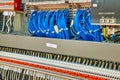 Organized tidy and not messy electronic signal processing wires in a science lab. Many connected cables in sockets