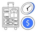 Organized travel essentials with packed suitcase, clock, and currency emphasizing efficiency and savings Royalty Free Stock Photo